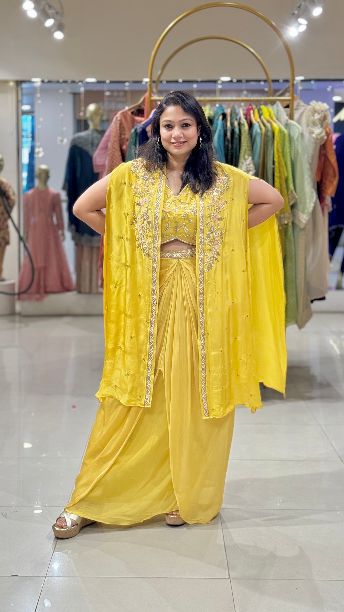 Yellow Embroidered Cape with Dhoti Skirt