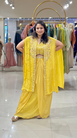 Yellow Embroidered Cape with Dhoti Skirt