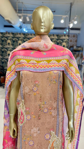 Beige Golden Lace Floral Suit Fabric