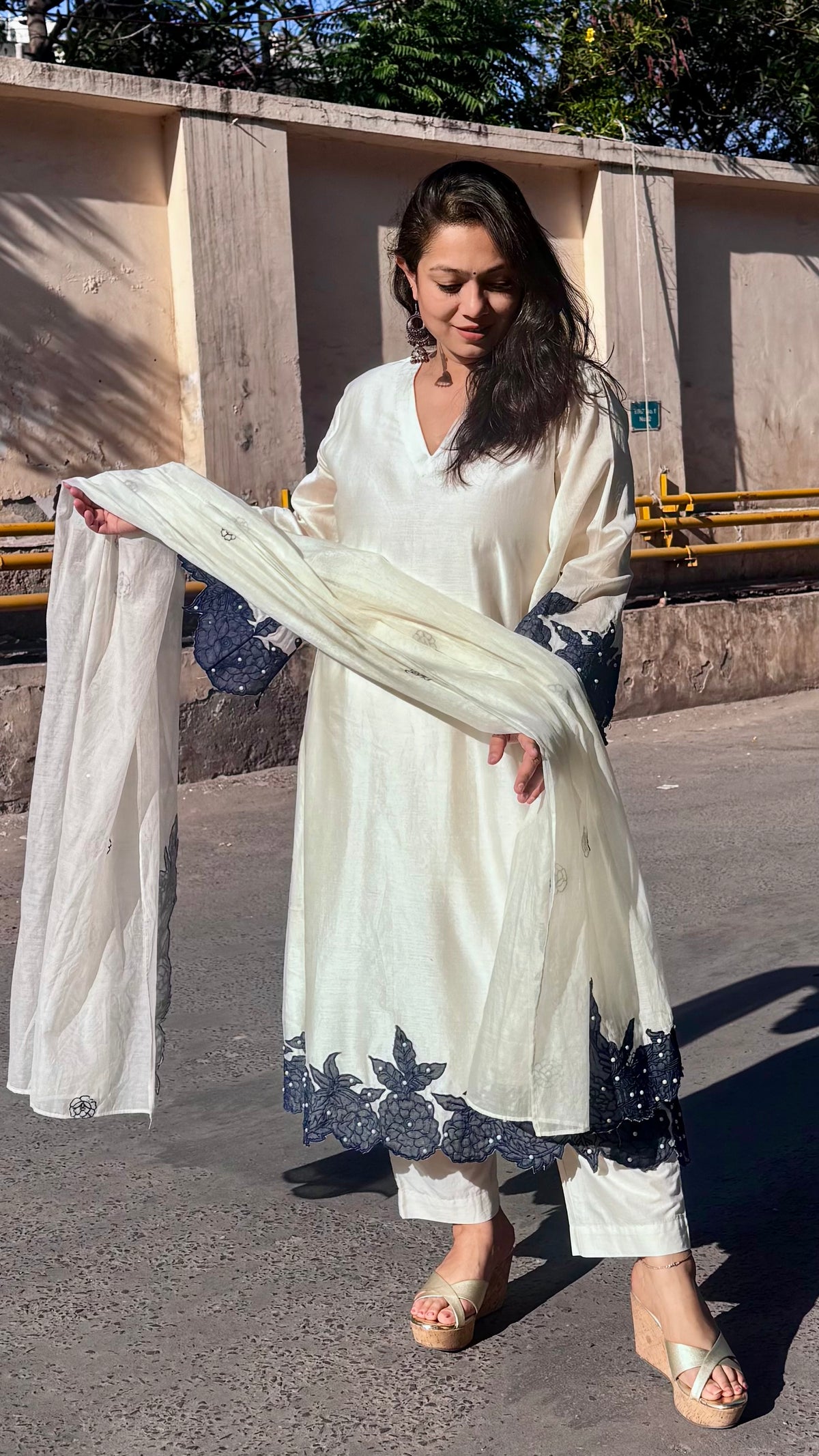 Floral Patch work A- Line Chanderi Suit Set