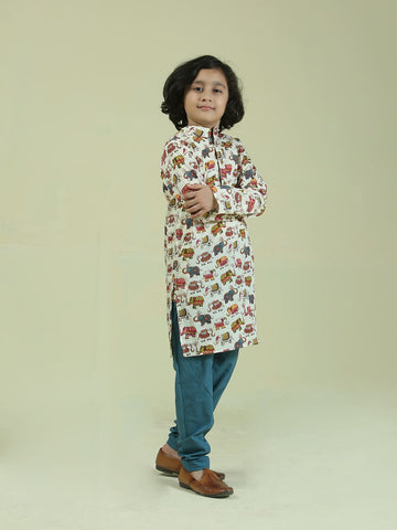 Ivory Multicolor Cotton Elephant print kurta with Teal Blue pants