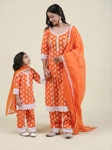 Cotton Orange Kurta set with chanderi dupatta With lace work all over