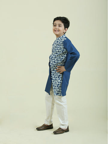 Cotton Elephant print Kurta with white pajama Set