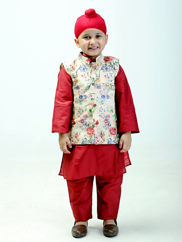 Floral Print Silk Nehru Jacket and Maroon Kurta Set