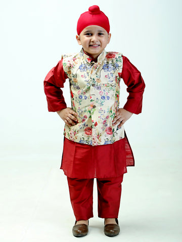 Floral Print Silk Nehru Jacket and Maroon Kurta Set