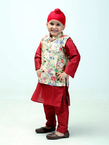 Floral Print Silk Nehru Jacket and Maroon Kurta Set