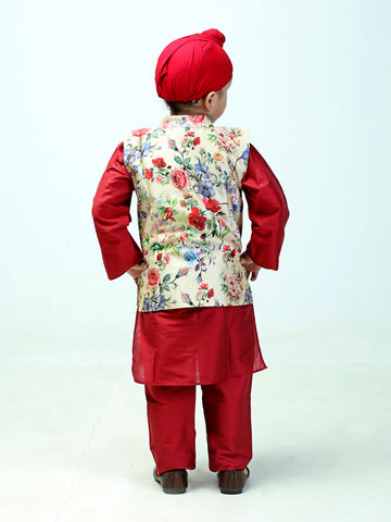 Floral Print Silk Nehru Jacket and Maroon Kurta Set