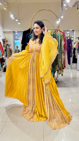 Yellow Thread Embroidered Anarkali Gown