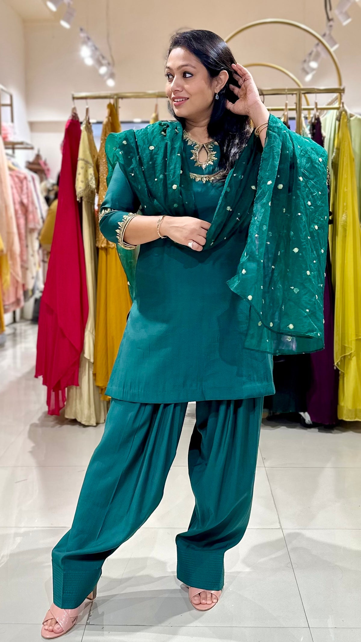 Zardosi Handwork Farsi Salwar Suit in Green