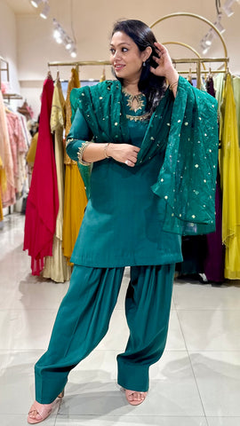 Zardosi Handwork Farsi Salwar Suit in Green