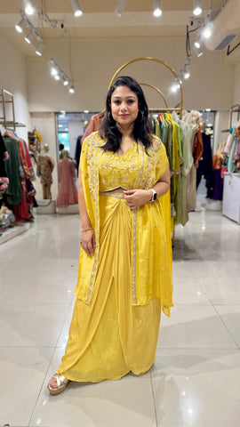 Yellow Embroidered Cape with Dhoti Skirt