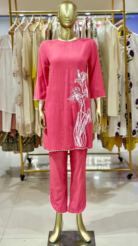 Pink Cotton Threadwork Co ord Set
