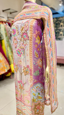 Purple Floral Linen Shimmer Suit Fabric