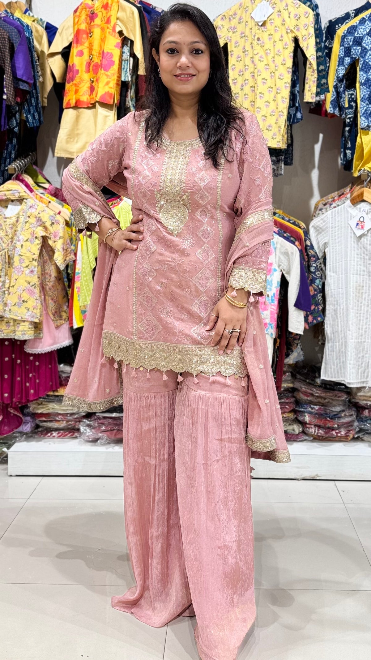 Pink Zari Work Shimmer Sharara Suit