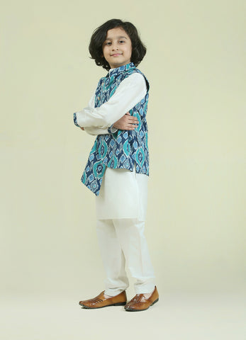Blue Ikkat Print Cotton Nehru Jacket with Cotton Kurta Pajama Set