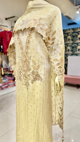Ivory Shimmer Tissue Embroidered Suit Fabric
