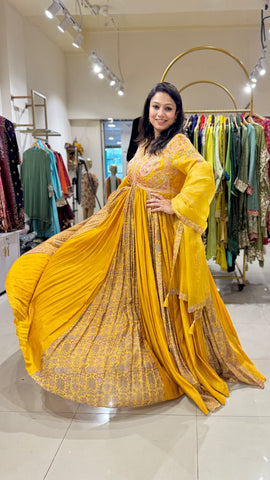 Yellow Thread Embroidered Anarkali Gown