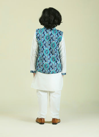 Blue Ikkat Print Cotton Nehru Jacket with Cotton Kurta Pajama Set