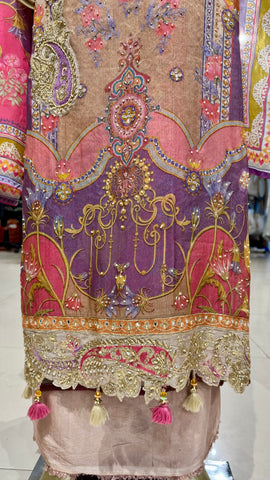 Beige Golden Lace Floral Suit Fabric