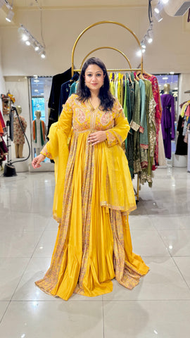 Yellow Thread Embroidered Anarkali Gown