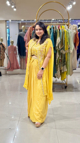Yellow Embroidered Cape with Dhoti Skirt