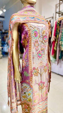 Purple Floral Linen Shimmer Suit Fabric