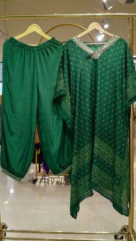Bandhni Printed Kaftan Set - Green
