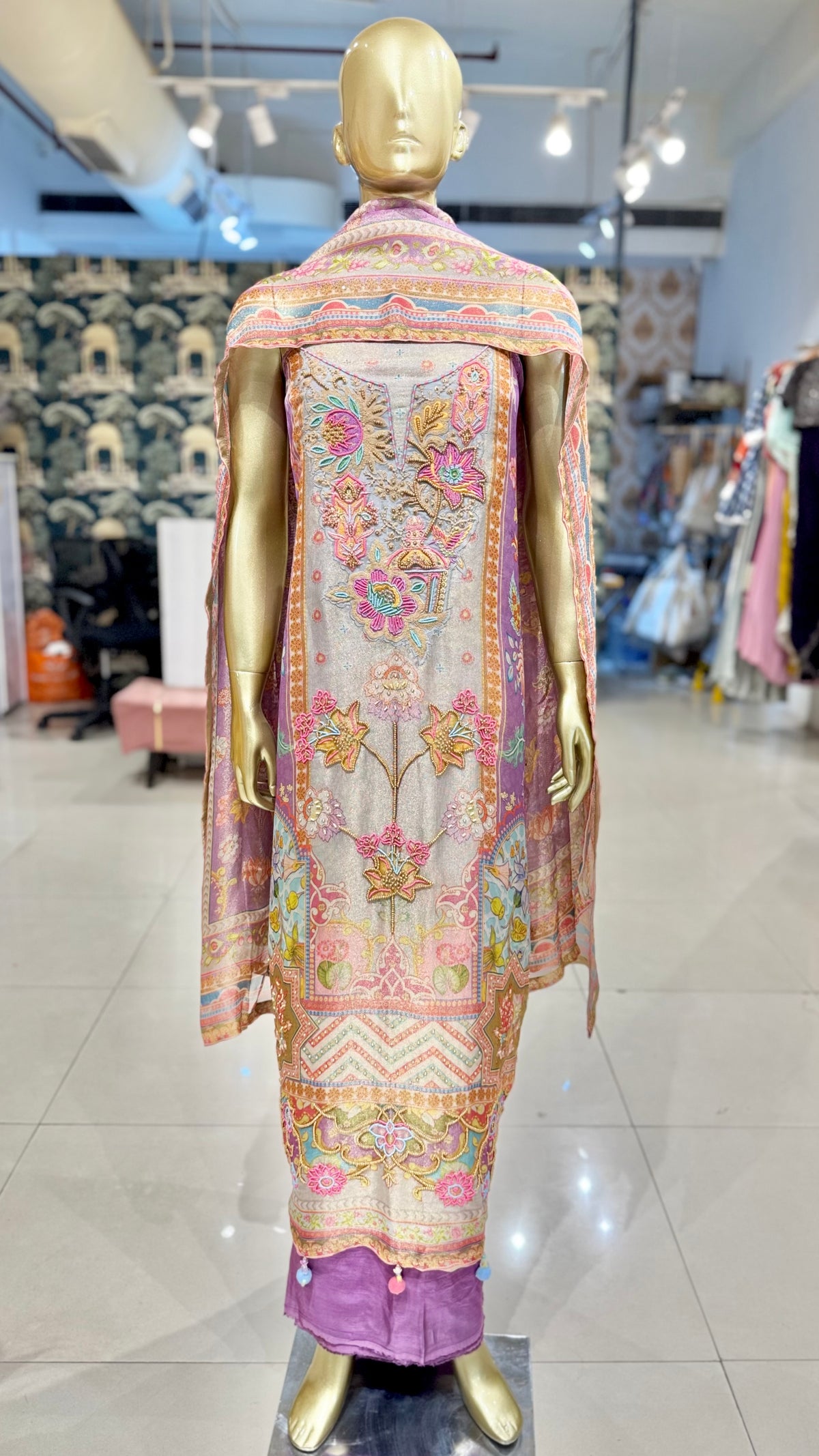 Purple Floral Linen Shimmer Suit Fabric