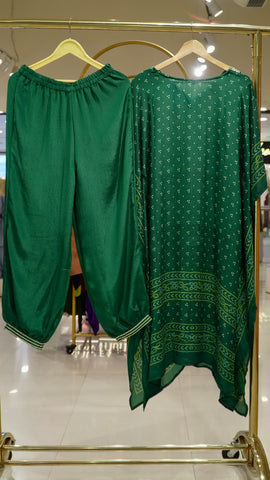 Bandhni Printed Kaftan Set - Green