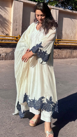 Floral Patch work A- Line Chanderi Suit Set