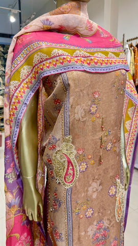 Beige Golden Lace Floral Suit Fabric