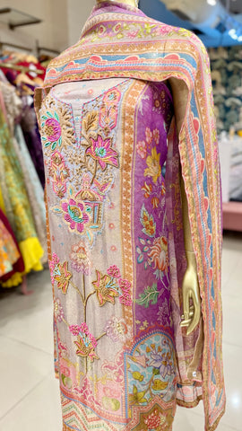 Purple Floral Linen Shimmer Suit Fabric