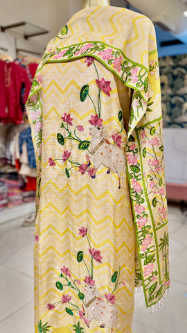 Yellow Pichwai Print Linen Silk Suit Fabric