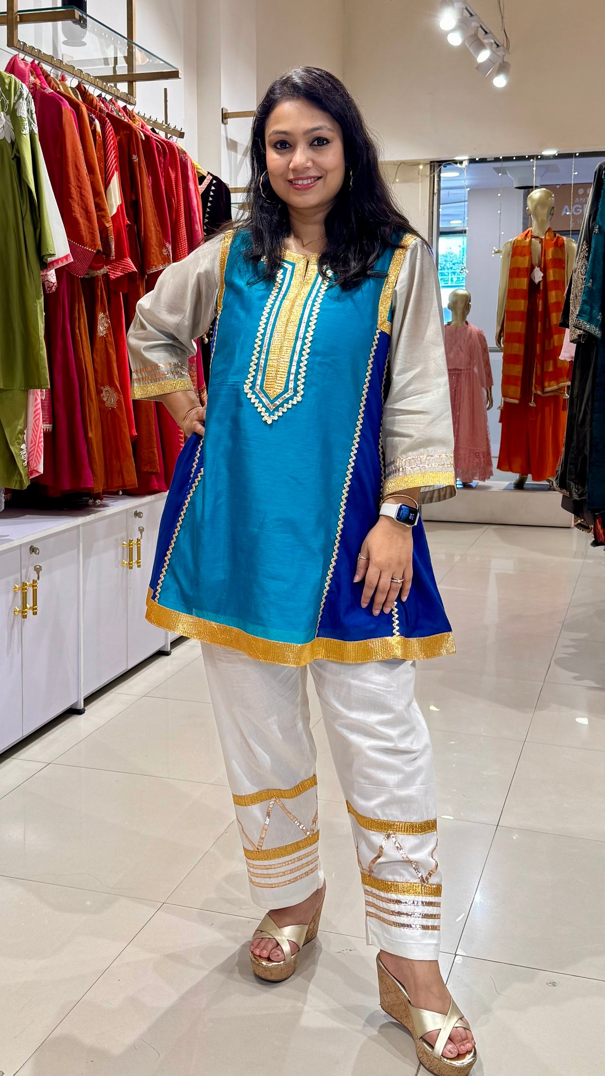 Banarasi Chanderi Celebrity Inspired Kurta Pants Set - Turquoise