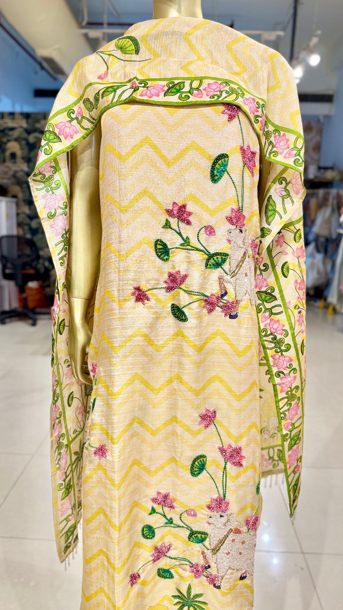 Yellow Pichwai Print Linen Silk Suit Fabric