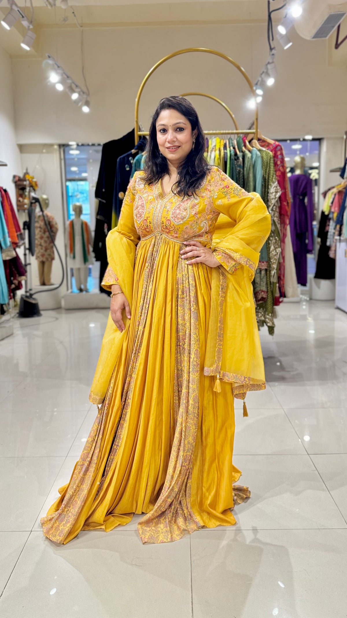 Yellow Thread Embroidered Anarkali Gown