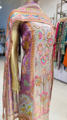 Purple Floral Linen Shimmer Suit Fabric