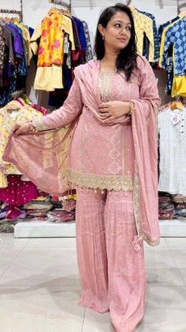 Pink Zari Work Shimmer Sharara Suit