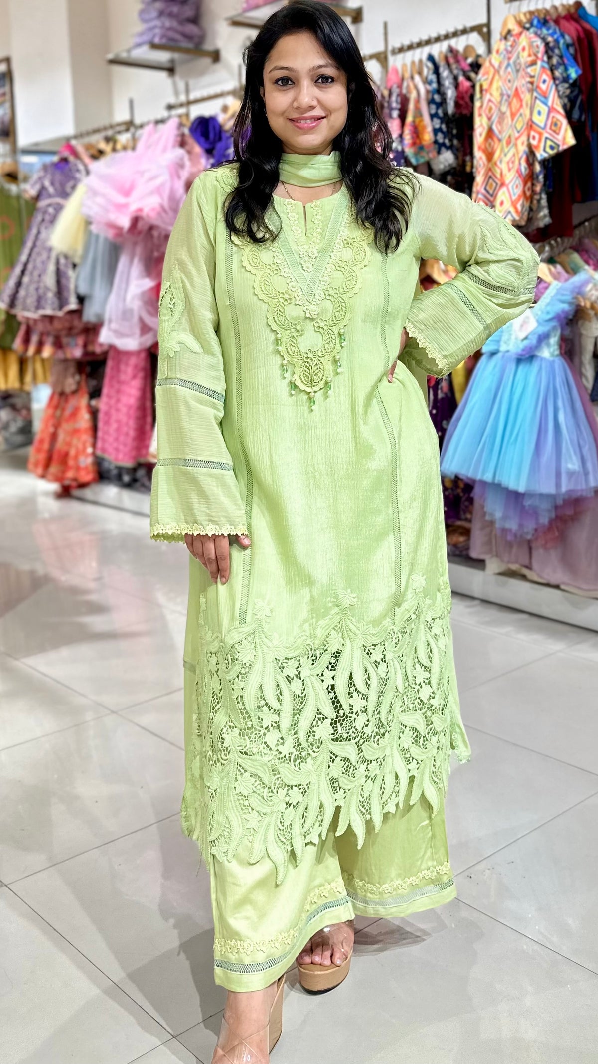 Lace work Straight suit set - Green