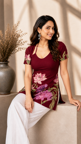 Maroon Floral Halter Shirt Set