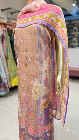 Beige Golden Lace Floral Suit Fabric