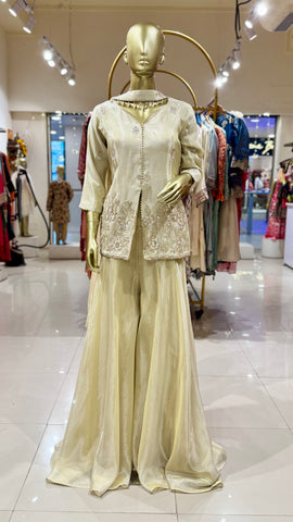 Off-White Embroidered Jacket Palazzo Set