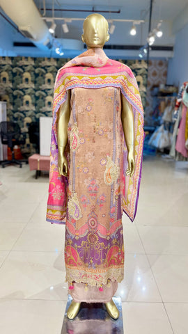 Beige Golden Lace Floral Suit Fabric