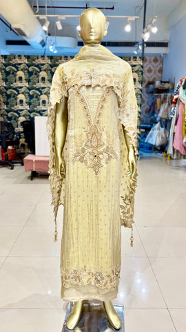 Ivory Shimmer Tissue Embroidered Suit Fabric