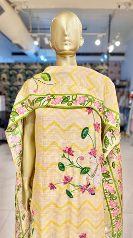 Yellow Pichwai Print Linen Silk Suit Fabric
