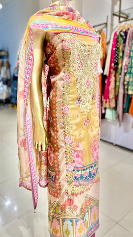 Lavender & Golden Embroidered Suit Fabric