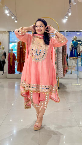 Gota Embroidery Short Anarkali and Tulips - Pink