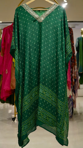 Bandhni Printed Kaftan Set - Green