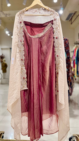 Off white cape and pink skirt top