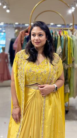 Yellow Embroidered Cape with Dhoti Skirt